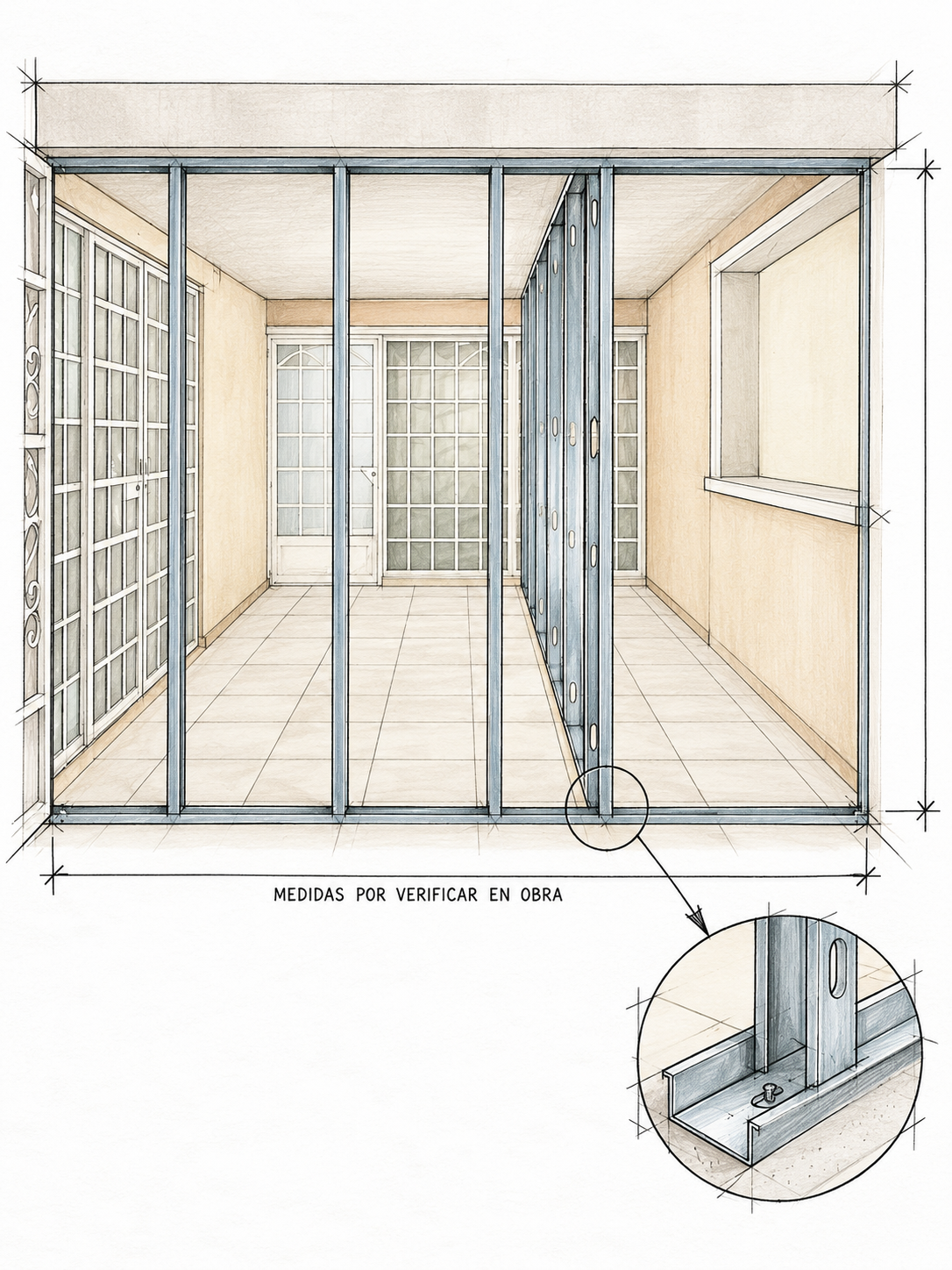 Plano técnico tridimensional de estructura para tablaroca