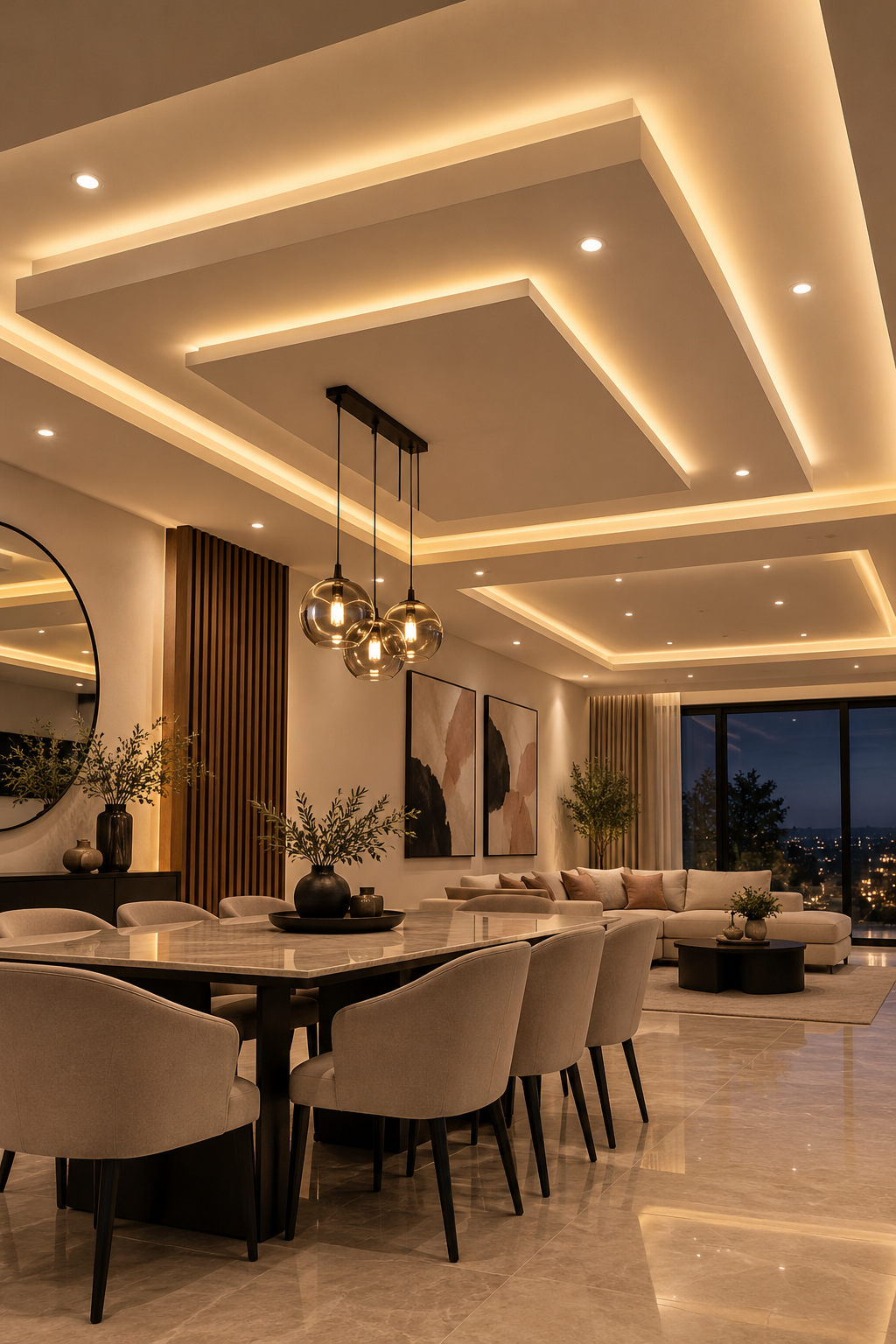 Plafón geométrico de tablaroca con iluminación LED